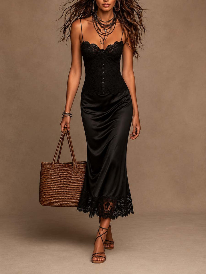 Retro Lace Camisole Midi Dress with Satin Lace Hem