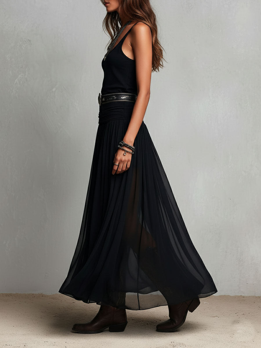 Μαύρο Boho Western Μακρύ Φόρεμα με Διαφανή Φούστα