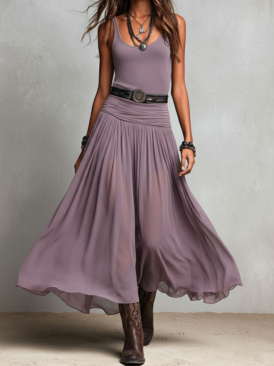 Μαύρο Boho Western Μακρύ Φόρεμα με Διαφανή Φούστα