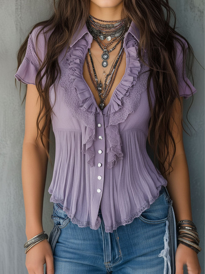 Vintage Boho Πλισέ Μπλουζάκι με Ραμμένο Δαντέλα σε Λεβάντα