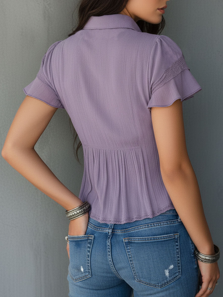 Vintage Boho Πλισέ Μπλουζάκι με Ραμμένο Δαντέλα σε Λεβάντα