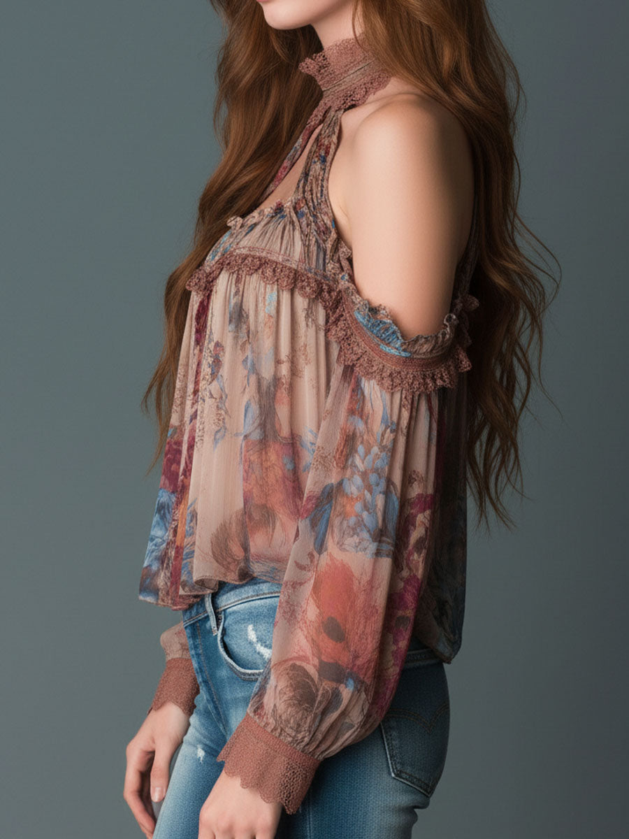 Boho Blush Floral Chiffon Μπλούζα με Ανοιχτούς Ώμους και Χαμηλό Λαιμό