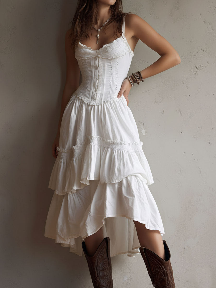 Ρετρό Μποέμ Μίντι Φόρεμα με Δαντέλα και Κορσέ