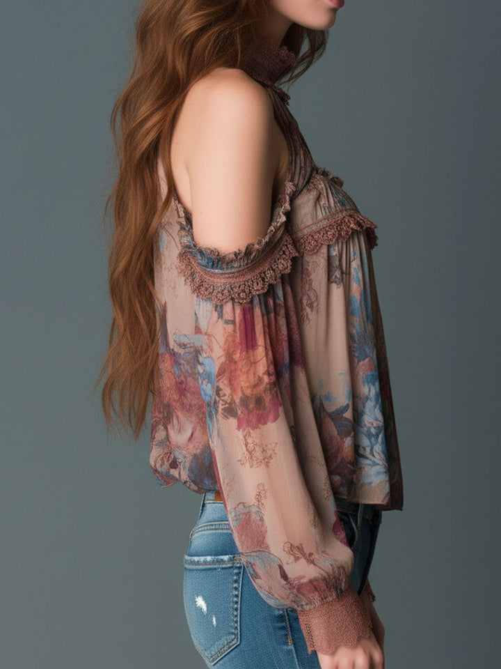 Boho Blush Floral Chiffon Μπλούζα με Ανοιχτούς Ώμους και Χαμηλό Λαιμό
