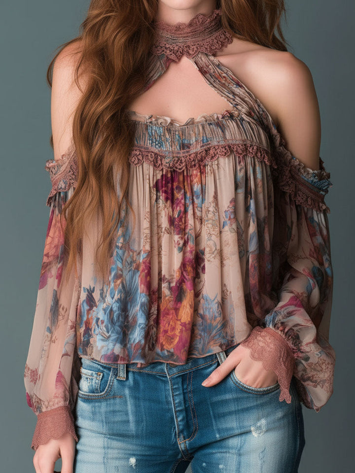 Boho Blush Floral Chiffon Μπλούζα με Ανοιχτούς Ώμους και Χαμηλό Λαιμό