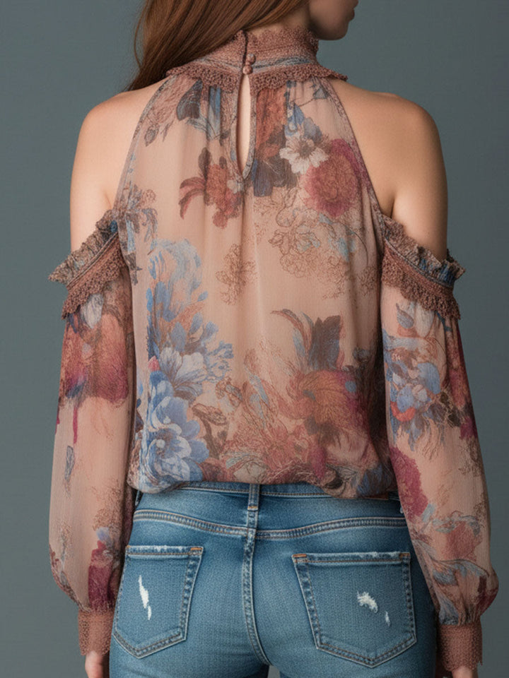 Boho Blush Floral Chiffon Μπλούζα με Ανοιχτούς Ώμους και Χαμηλό Λαιμό