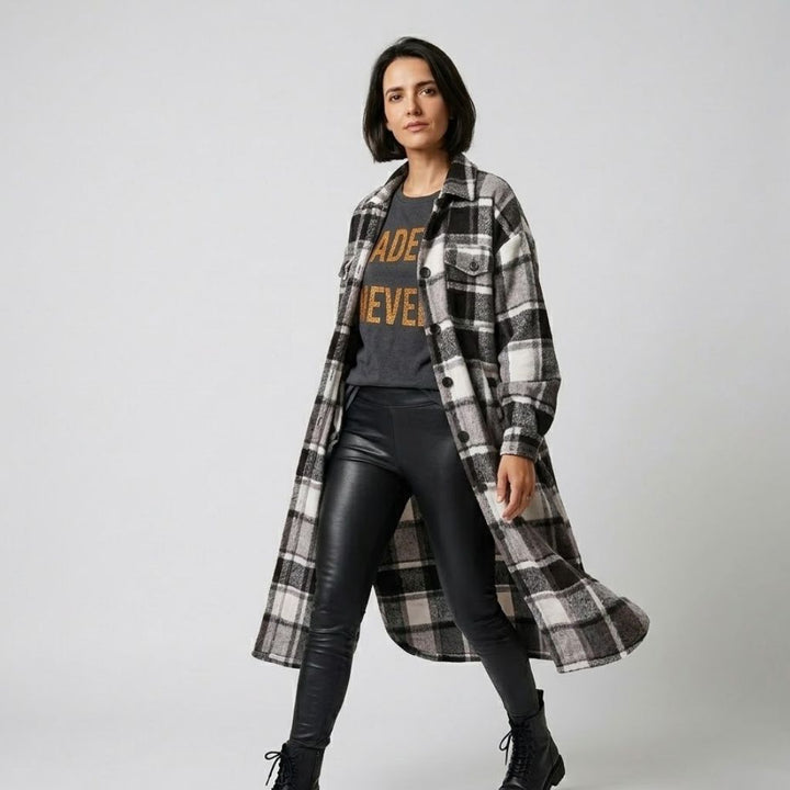 Μακρύ παλτό από πολυεστέρα με εντυπωσιακό καρό σχέδιο