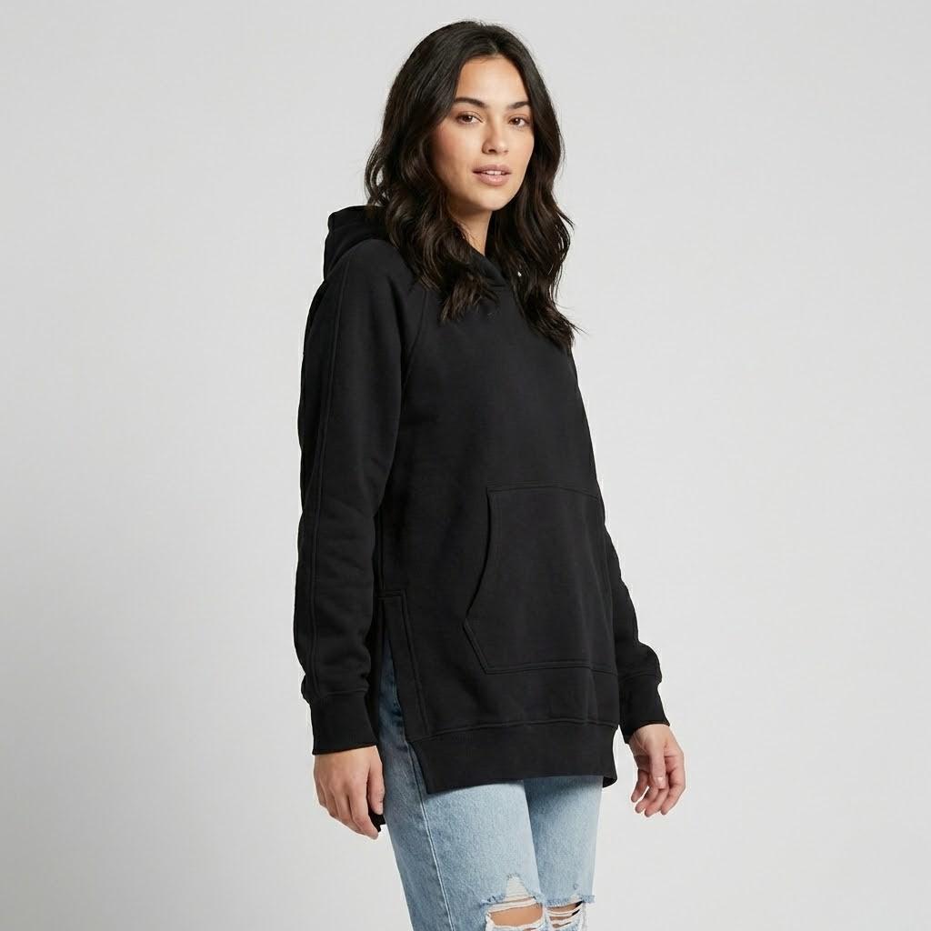 Μακρύ oversized φούτερ με κουκούλα και πλευρικές σχισμές