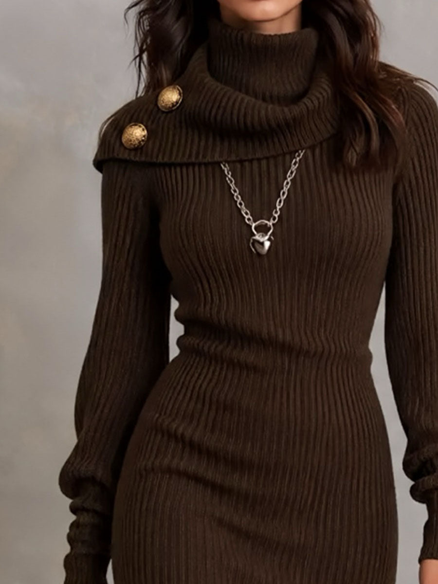 Ρετρό Ασύμμετρο Bodycon Φόρεμα σε Καφέ Χρώμα με Υψηλό Λαιμό