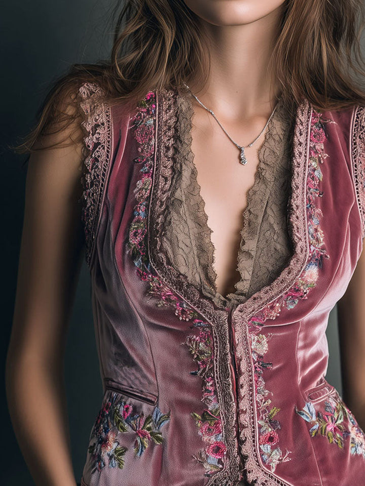 Embroidered Velvet Vest in Vintage Dusty Rose with Lace Trim