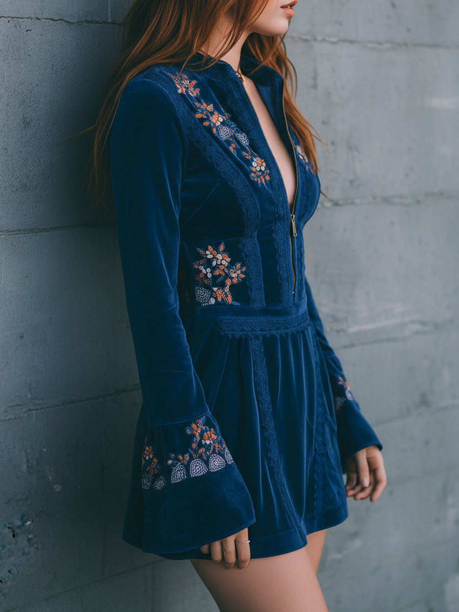 Μπλε Βελούδινο Μίνι Φόρεμα Boho με Φερμουάρ και Δαντέλα