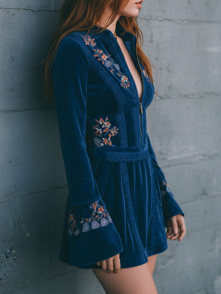 Μπλε Βελούδινο Μίνι Φόρεμα Boho με Φερμουάρ και Δαντέλα
