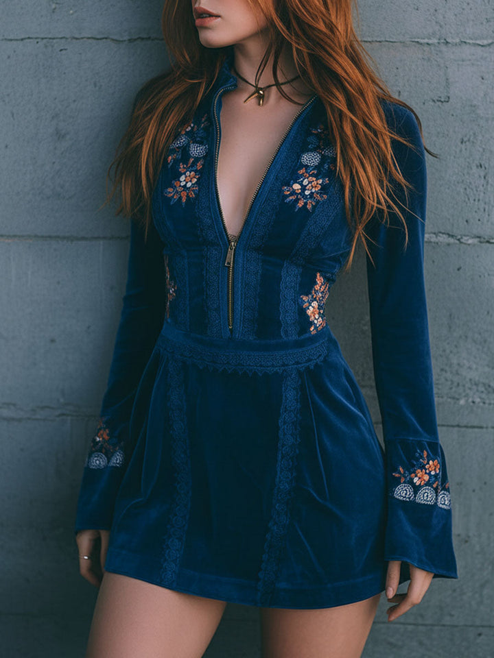 Μπλε Βελούδινο Μίνι Φόρεμα Boho με Φερμουάρ και Δαντέλα