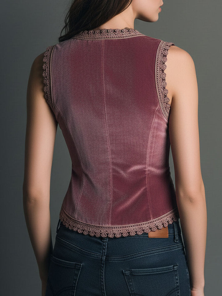 Embroidered Velvet Vest in Vintage Dusty Rose with Lace Trim