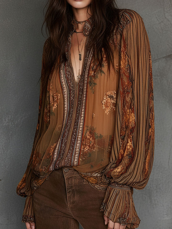 Vintage Boho Διαφανής Μπλούζα με Λουλούδια και Φουσκωτά Μανίκια
