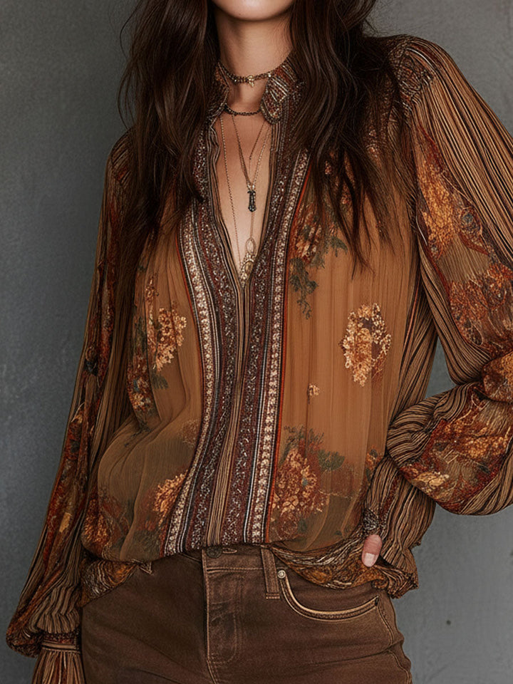 Vintage Boho Διαφανής Μπλούζα με Λουλούδια και Φουσκωτά Μανίκια