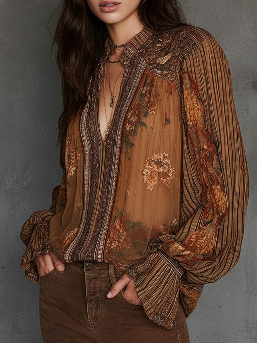 Vintage Boho Διαφανής Μπλούζα με Λουλούδια και Φουσκωτά Μανίκια