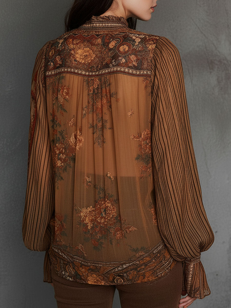 Vintage Boho Διαφανής Μπλούζα με Λουλούδια και Φουσκωτά Μανίκια