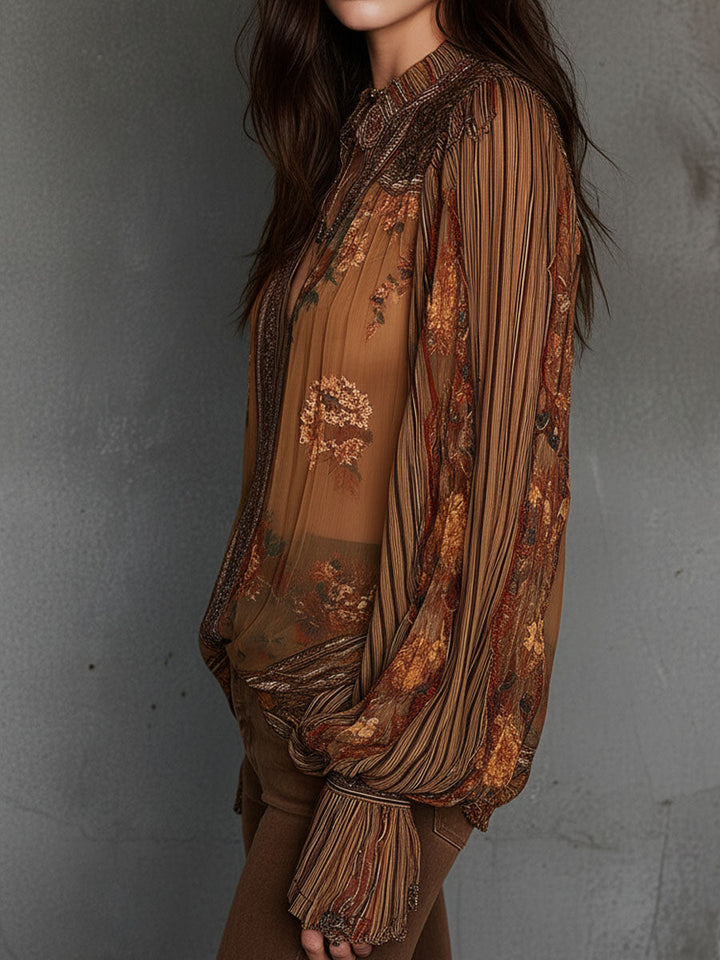 Vintage Boho Διαφανής Μπλούζα με Λουλούδια και Φουσκωτά Μανίκια