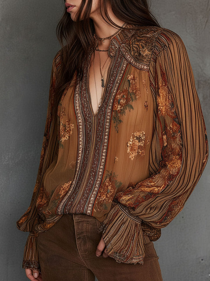 Vintage Boho Διαφανής Μπλούζα με Λουλούδια και Φουσκωτά Μανίκια