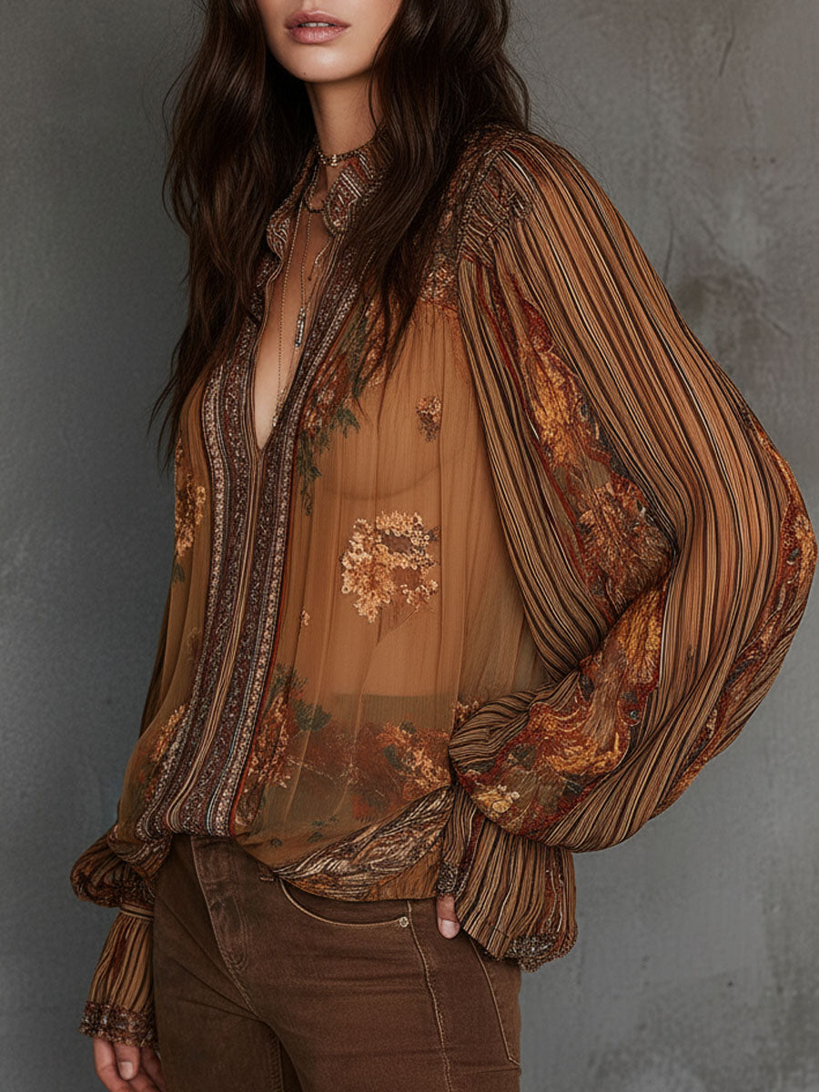 Vintage Boho Διαφανής Μπλούζα με Λουλούδια και Φουσκωτά Μανίκια