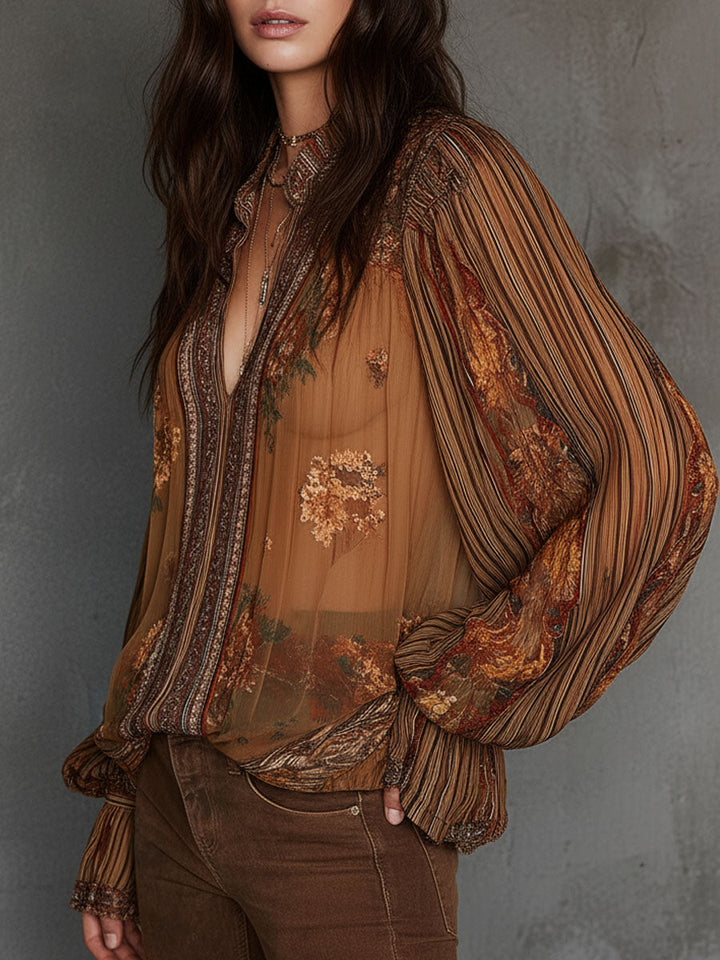 Vintage Boho Διαφανής Μπλούζα με Λουλούδια και Φουσκωτά Μανίκια