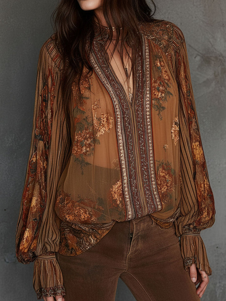 Vintage Boho Διαφανής Μπλούζα με Λουλούδια και Φουσκωτά Μανίκια