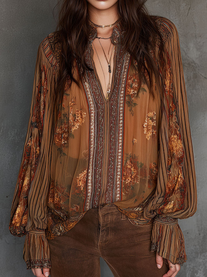 Vintage Boho Διαφανής Μπλούζα με Λουλούδια και Φουσκωτά Μανίκια