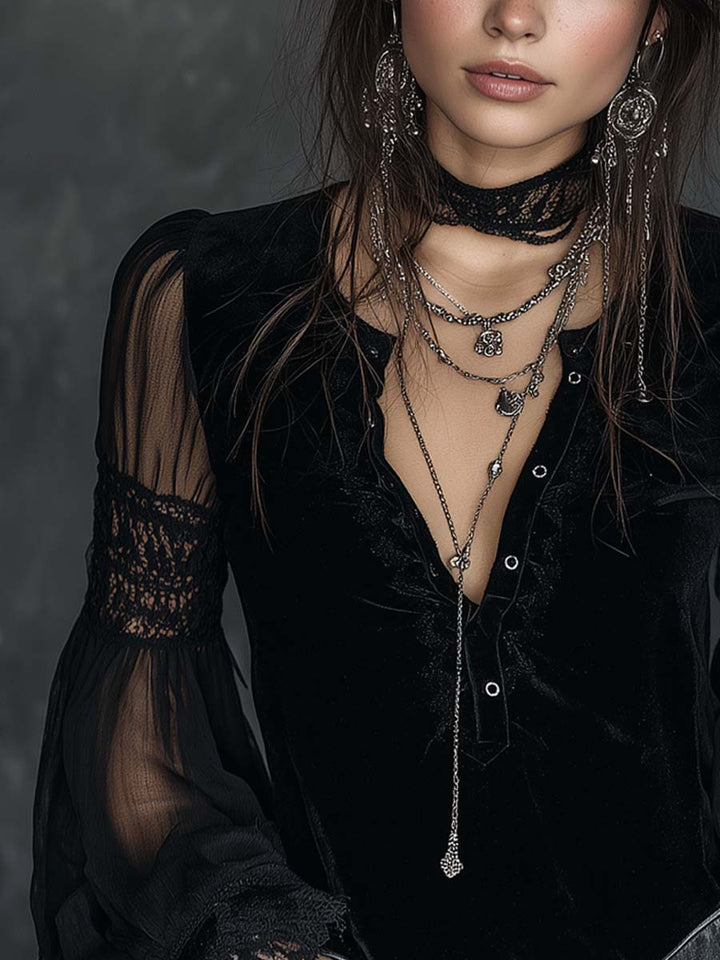Vintage Velvet Blouse with Henley Collar, Sheer Sleeves, and Lace Trim
