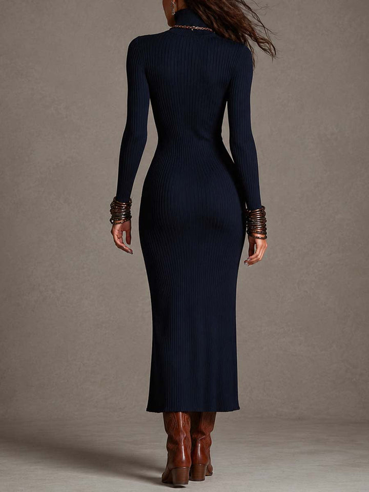 Ναυτικό Bodycon Κοντό Φόρεμα με Ριγέ Πλέξη, Ψηλό Λαιμό, Κλειδαρότρυπα, Πλευρικό Φερμουάρ και Σχίσιμο