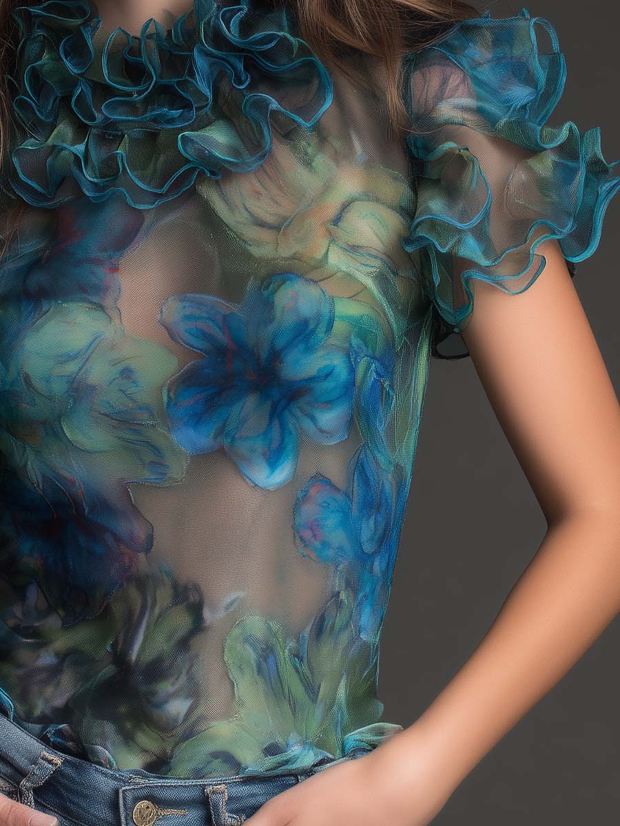 Vintage Bohemian Sheer Floral Ruffle Mesh Blouse