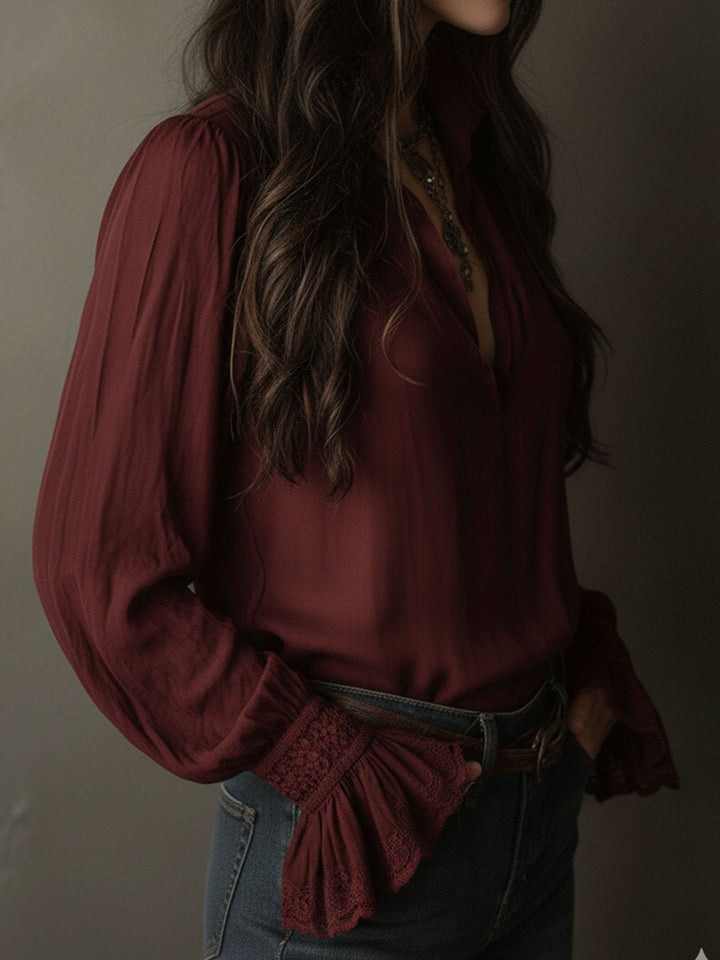 Boho V-Neck Μπλούζα σε Βαθύ Κόκκινο με Δαντελένιες Μανσέτες