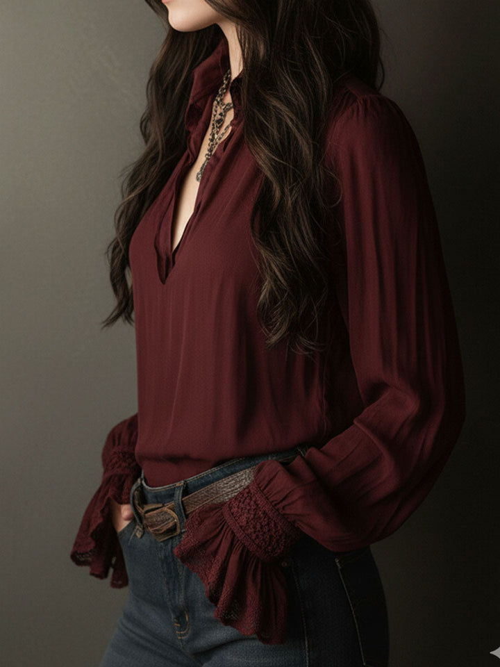 Boho V-Neck Μπλούζα σε Βαθύ Κόκκινο με Δαντελένιες Μανσέτες