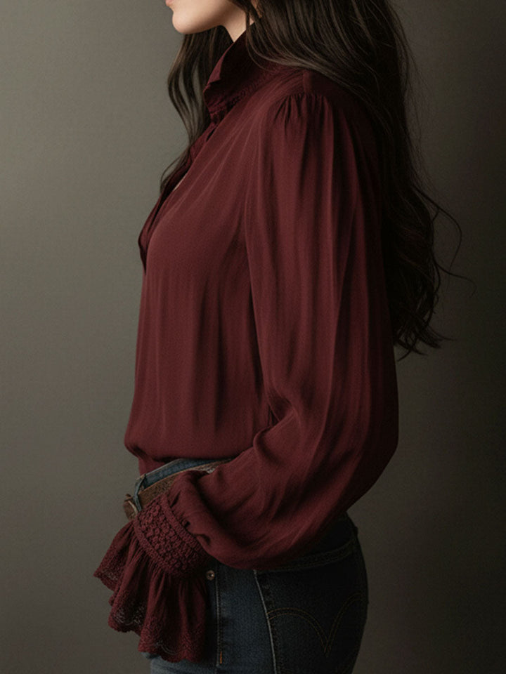 Boho V-Neck Μπλούζα σε Βαθύ Κόκκινο με Δαντελένιες Μανσέτες