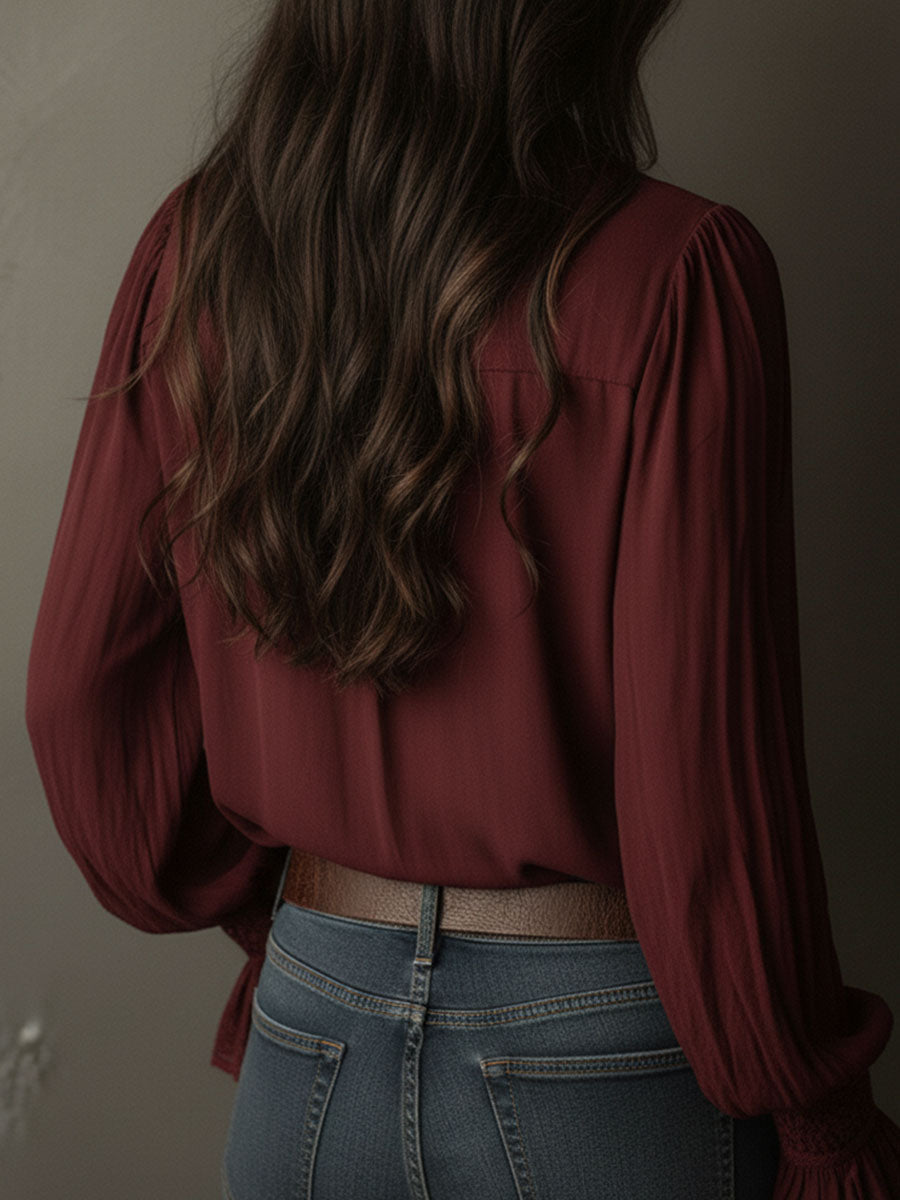 Boho V-Neck Μπλούζα σε Βαθύ Κόκκινο με Δαντελένιες Μανσέτες