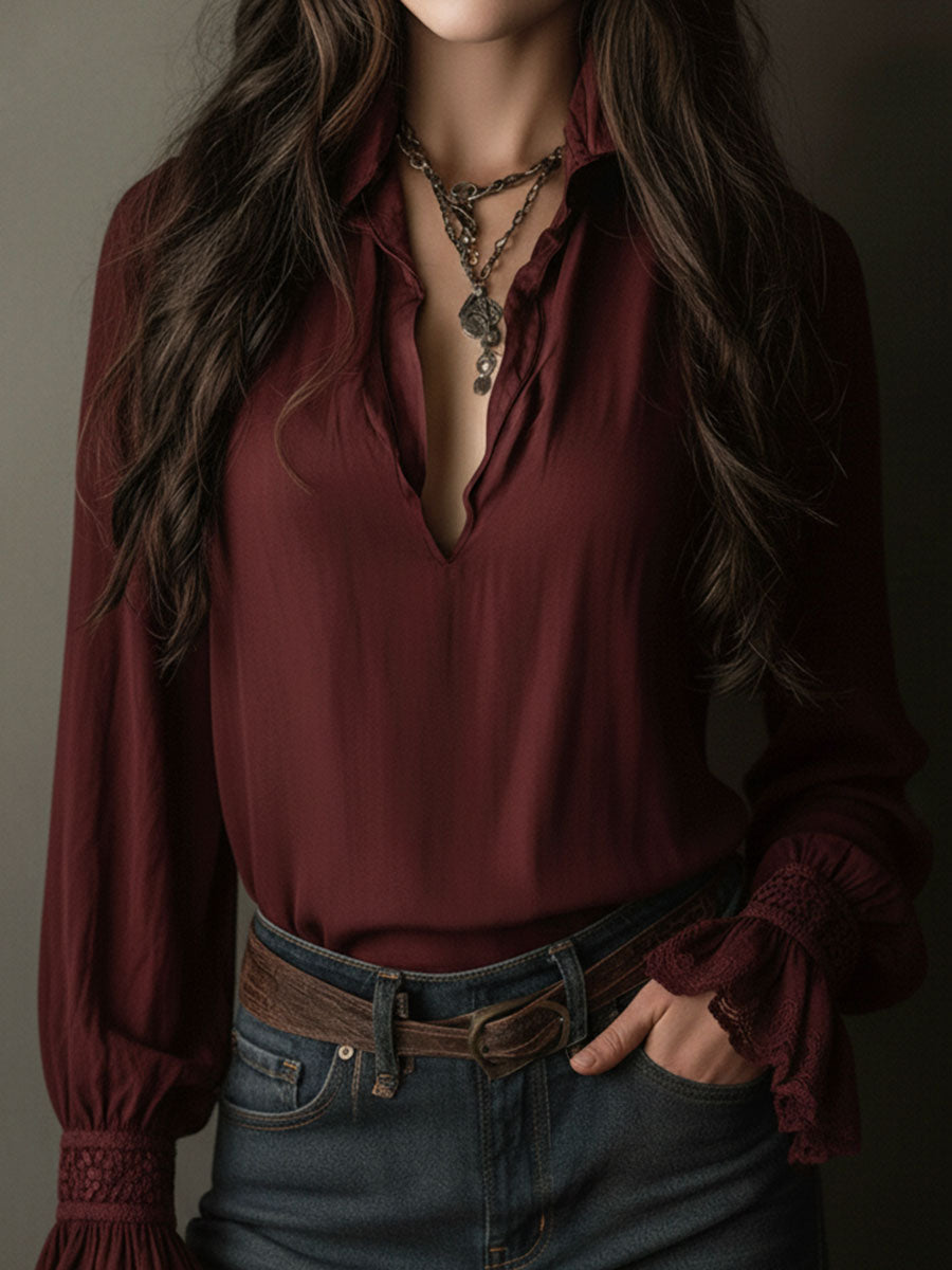 Boho V-Neck Μπλούζα σε Βαθύ Κόκκινο με Δαντελένιες Μανσέτες