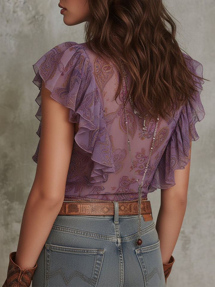 Chiffon Μπλούζα με Bohemian Paisley Εκτύπωση και Ρίγες