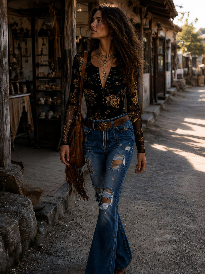 Μπλούζα Boho Retro με Λουλουδάτο Σχέδιο, Διαφάνεια και Κουμπιά Μπροστά