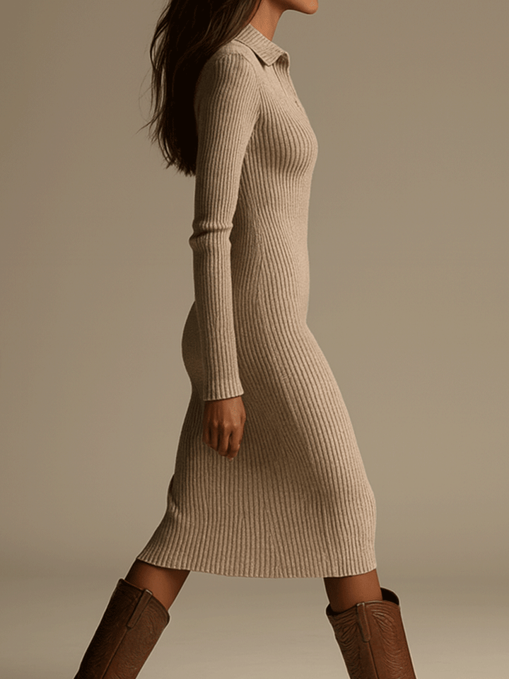 Μπεζ Πλεκτό Bodycon Midi Φόρεμα σε Μινιμαλιστικό Στυλ