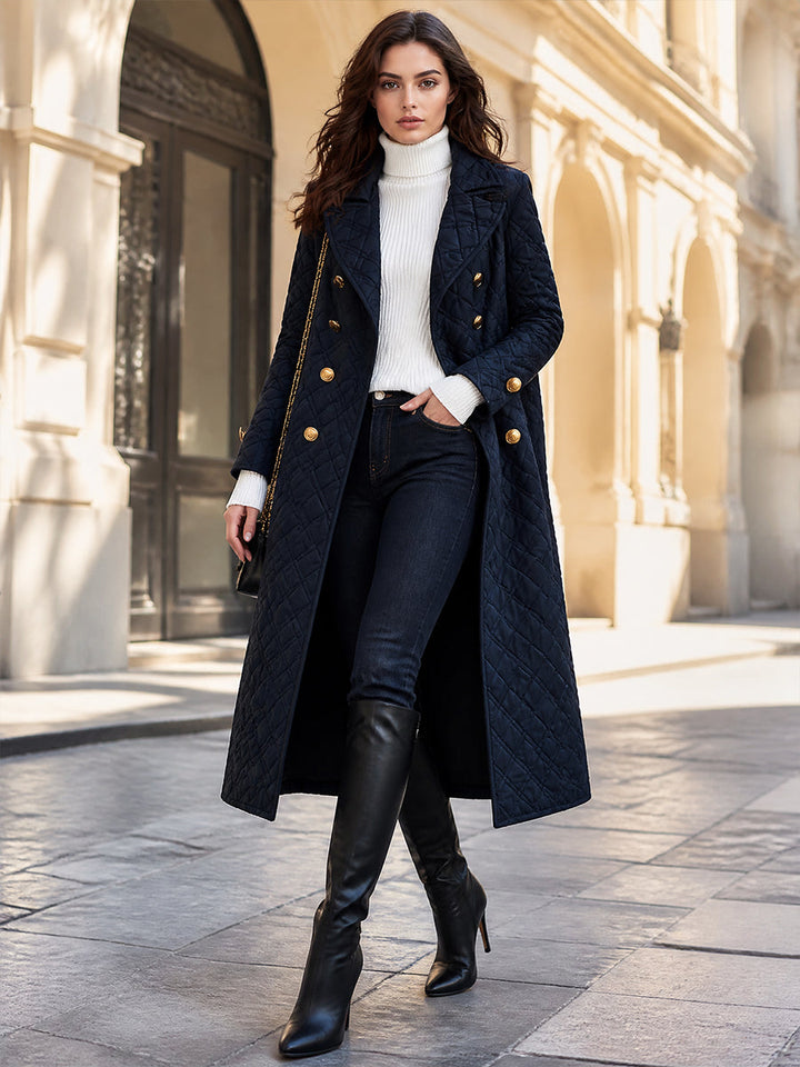 Retro Bohemian Midnight Quilted Double-Breasted Duster Jacket