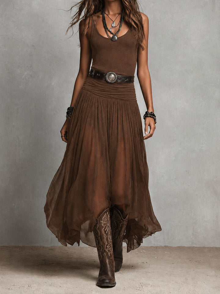 Μαύρο Boho Western Μακρύ Φόρεμα με Διαφανή Φούστα