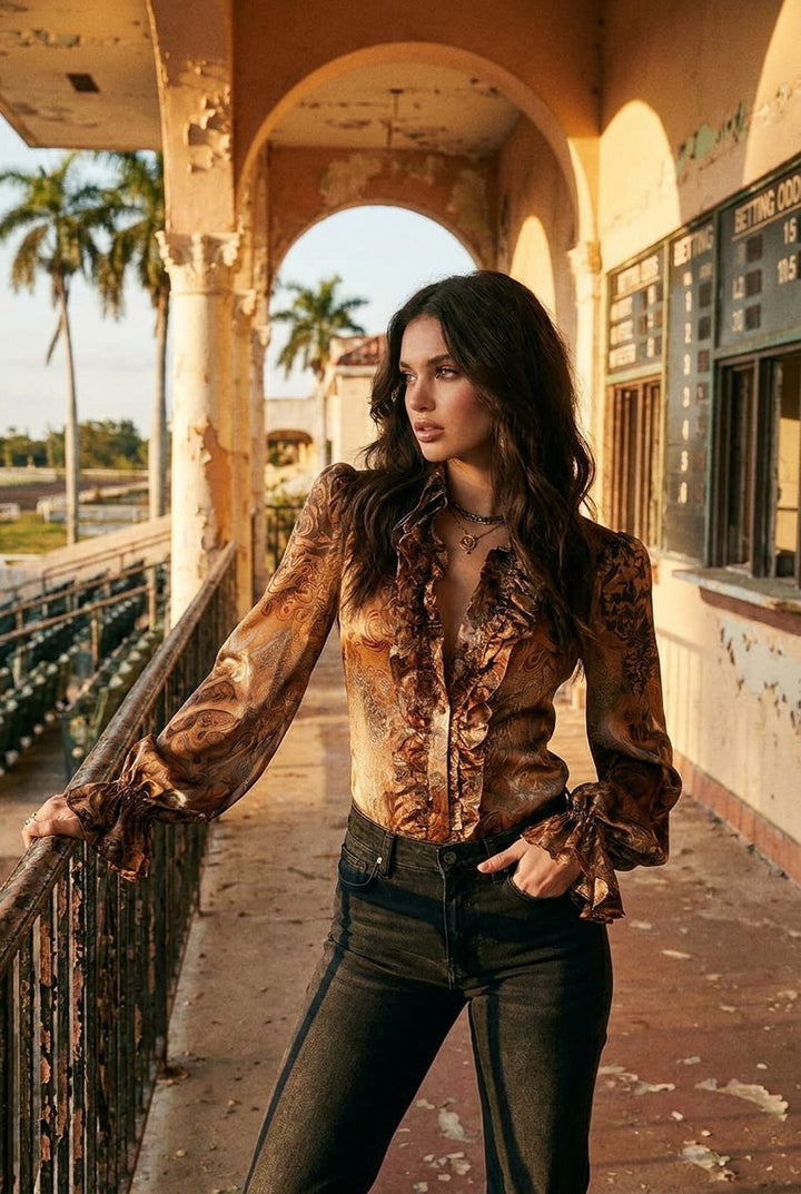Retro Paisley Satin Ruffled V-Neck Top