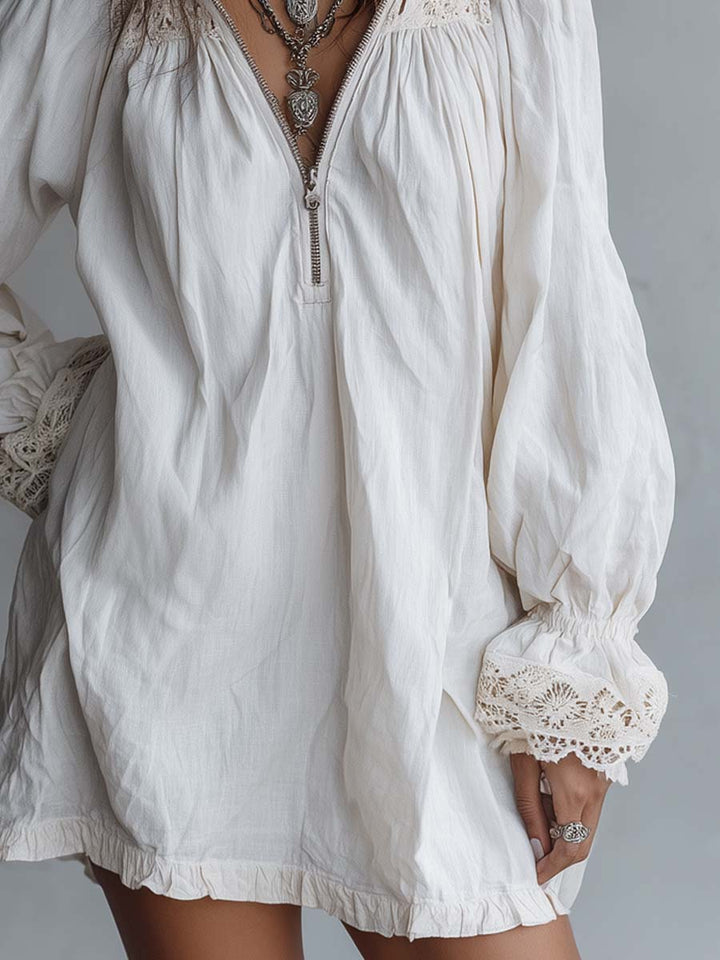 Retro-Inspired Zip-Up Collar White Mini Dress with Lace Trim