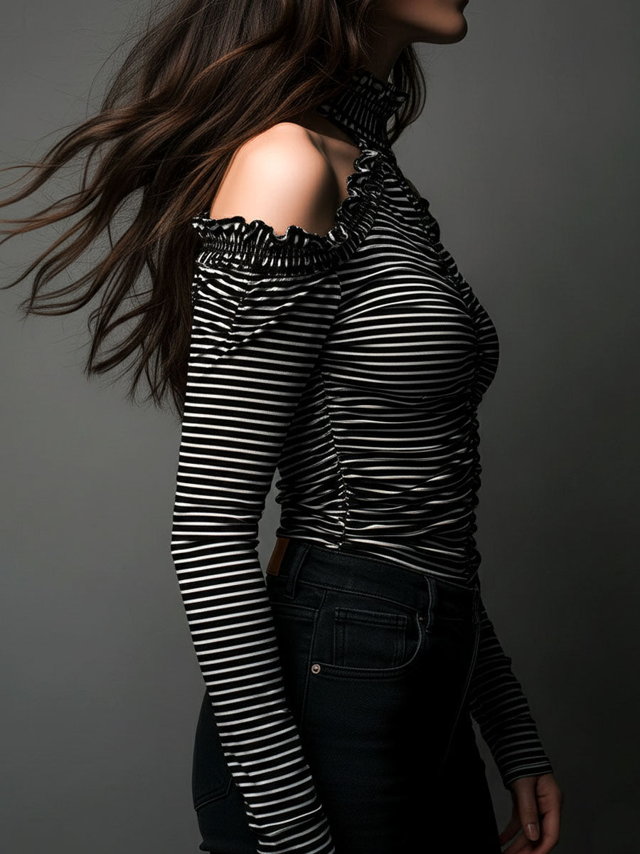 Ριγέ Κλασικό Τοπ με Υψηλό Λαιμό και Ανοιχτούς Ώμους