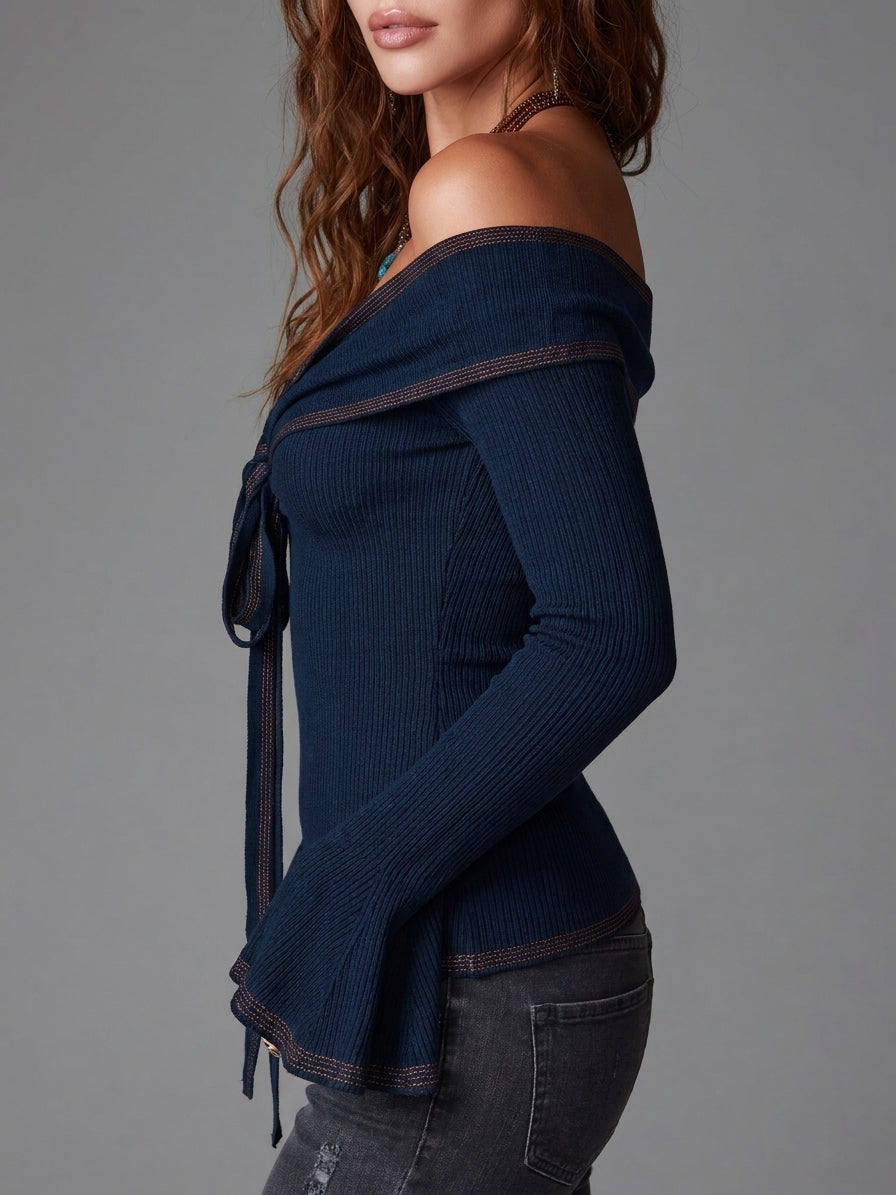 Μποέμικος Ναυτικός Μπροστά Off Shoulder Πλεκτός Τίτλος