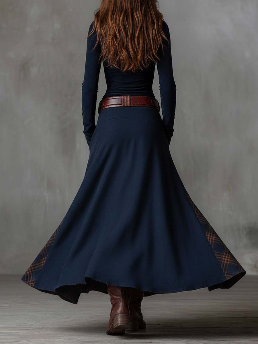 Retro Patchwork Suede Maxi Dress Featuring Plaid Accents