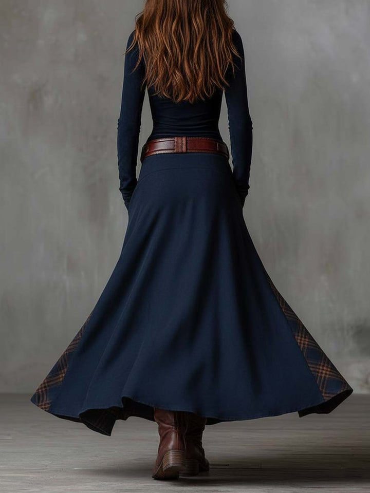 Retro Patchwork Suede Maxi Dress Featuring Plaid Accents