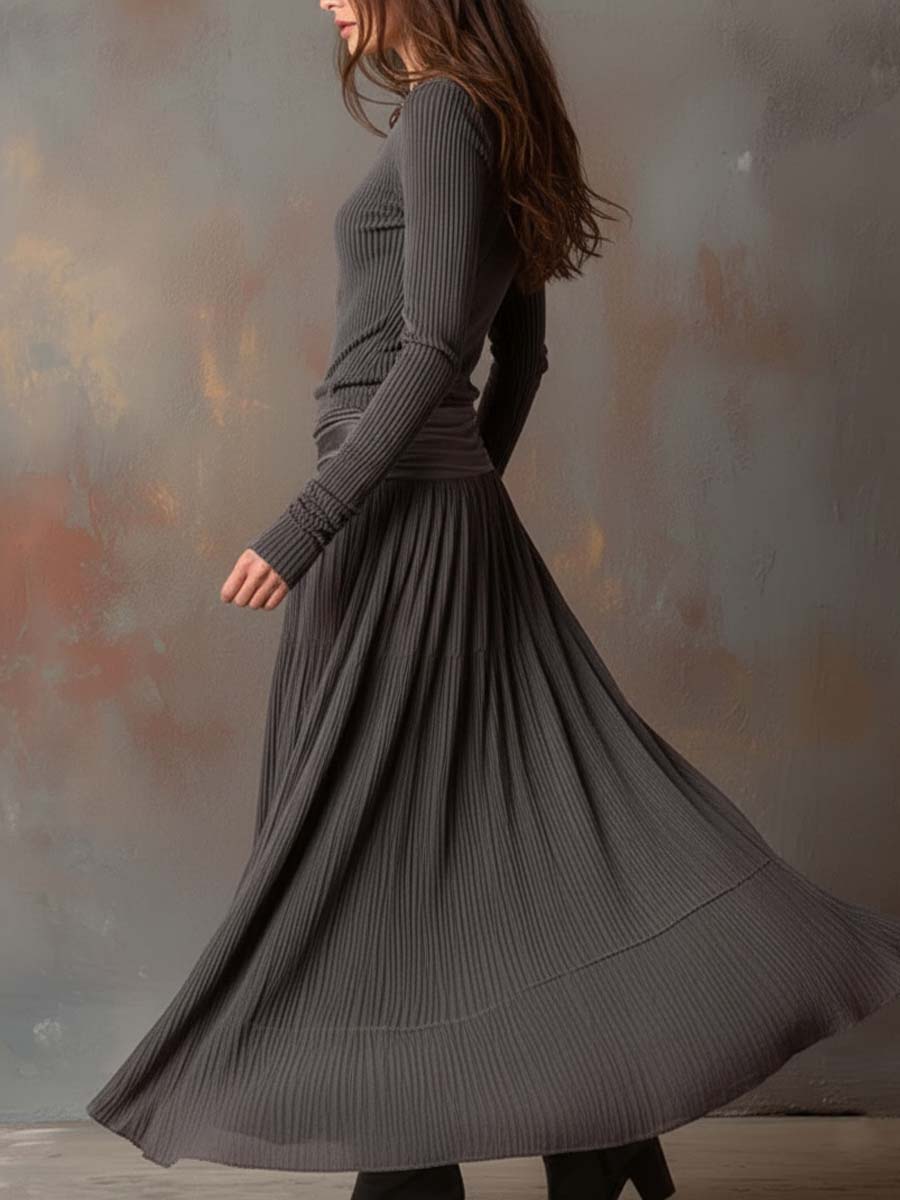 Charcoal Gray Vintage Ribbed Knit Maxi Dress