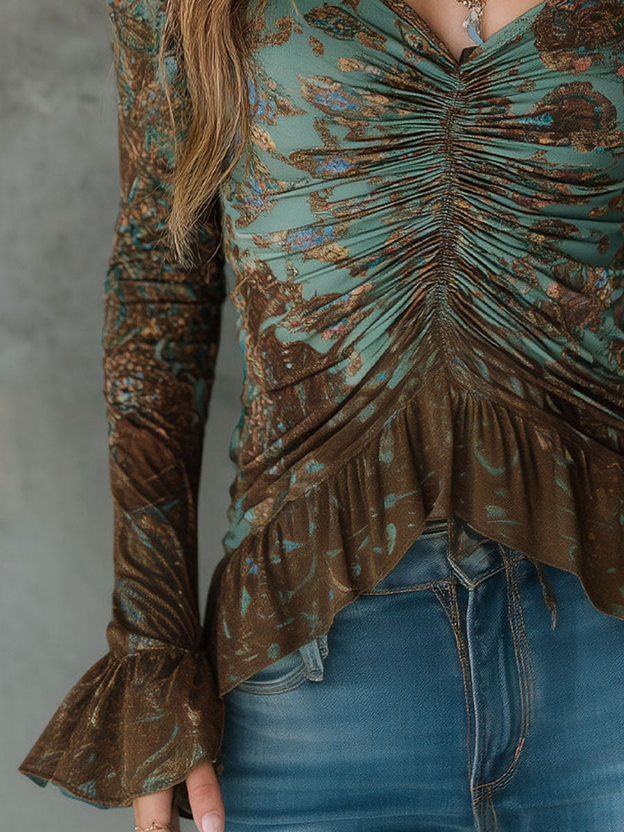 Μποέμ Μπλούζα Σαζ με Χάλκινα Λουλούδια και Ραφή στο Τελείωμα