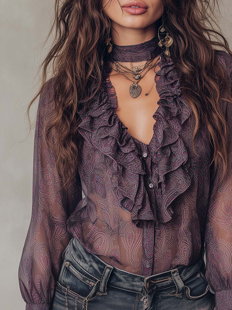 Retro Paisley Print Chiffon Blouse with Ruffled Collar